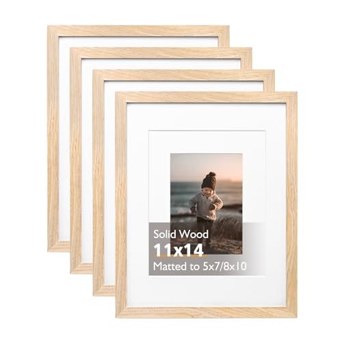 Image of KINLINK 11x14 Picture Frame Natural, Solid Wood Frames 14x11 with Acrylic Plexiglass for Pictures 5x7/8x10 with Mat or 11x14 without Mat, Tabletop and Wall Display Photo Frame Set of 4