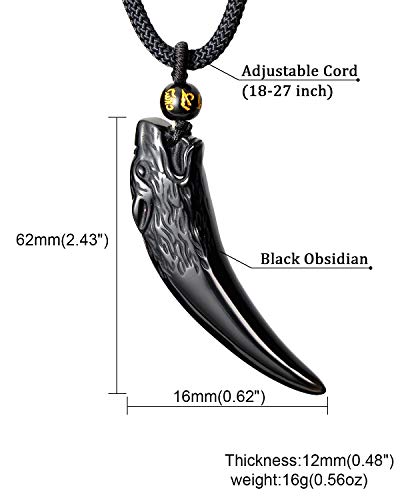 Natural Obsidian Wolf Tooth Necklace Pendant for Men Women Amulet Unisex Couples Gifts Adjustable Size 27inch2