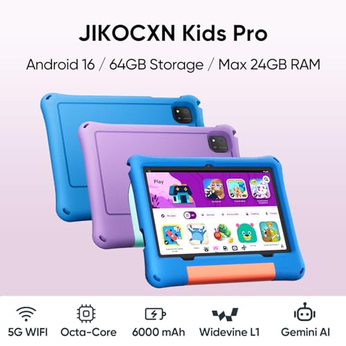 Image of JIKOCXN Kids Tablet, Android 15 Tablet for Kids 10 Inch Octa-Core with Case, 24GB RAM 64GB ROM 1TB TF Card Expandable for Toddlers, Kids, Parental Controls, Dual Camera, BT5.0, WiFi