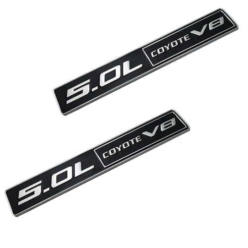 Image of 2PC 5.0L Coyote V8 Emblem Decal Car Engine Letters Decal Plating Badge 3D Metal Style Fit for F150 5.0L Engine Truck Silver Black
