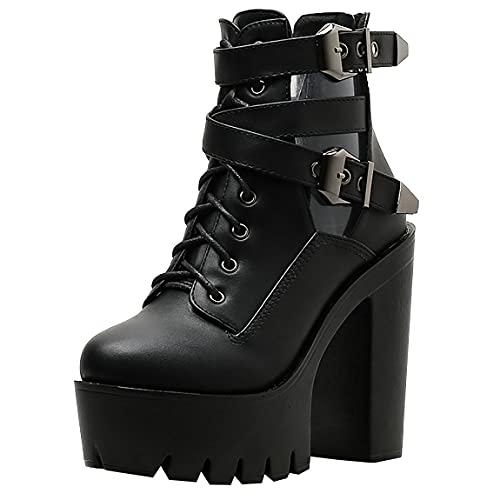 Trendenzy Womens Chunky Lace Up Goth Buckle Up Platform High Heel Punk Ankle Boots