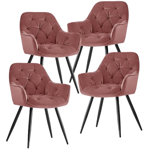 Juego de 4 sillas de comedor de terciopelo con brazos y respaldo, sillas ergonómicas tapizadas para sala de estar, oficina, tocador color rosa
