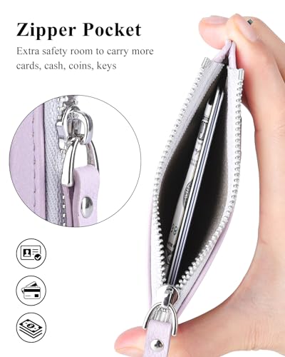 Image of Teskyer Slim RFID Wallet for Women, Small Card Holder with Zip Pocket, Lilac, 3.5 inch x 4.7 inch, Minimalist | Zip Pocket for Cash Coin, 1 ID Window & 7 Card Slots, Ultra Slim Design, D-Ring for Neck Lanyard, for Daily Carry and Travel