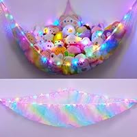 Unicorn Castle Stuffed Animals Net or Hammock Kids Toy Storage Organizer with LED Light Hanging Corner Stuffed Animals Holder Kids Girls Room Decor