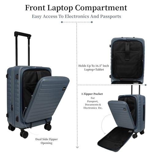 Image of F Gear Sedona Small Cabin Pro 54cm German Polycarbonate Hard Luggage|8 Japanese Hinomoto Silent Wheels| USB & Type-C Charging, Phone Stand & Cup Holder | Front Opening Suitcase for travel (Stone Blue)