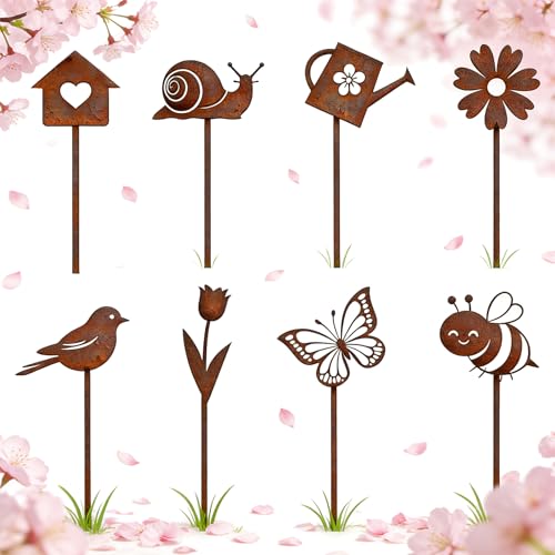 QijAOPD Blumenstecker 8 Stück, Gartenstecker Rost Metall, Deko Frühling für Garten & Balkon, Wetterfeste Patina Gartendeko Figuren wie Vogelhaus Schnecke Tulpe, Beetstecker Set Osterdeko