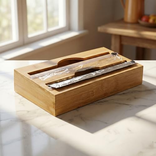 AmberHaus Bambu 2 Bölmeli Streç ve Alüminyum Folyo Kutusu | Duvara Monte Edilebilir Folyo Kesici | 17,5x9,5x10 cm | Mutfak Düzenleyici Organizer