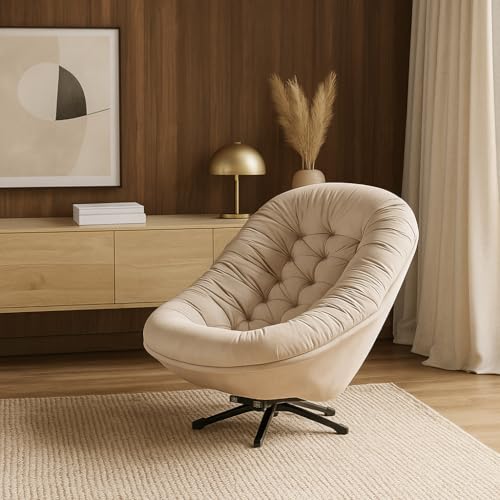 Poltrona Confortável com Base Giratória e Balanço Design em Veludo Ibiza Bege