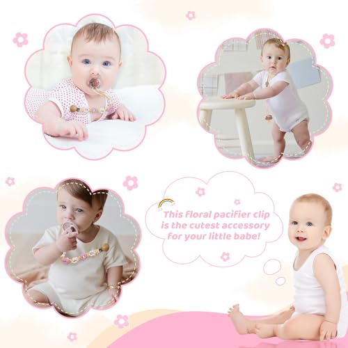 Image of Pacifier Clip for Boys Girls Floral Daisy Macrame Baby Paci Clip Pacifier Holder Leash Boho Wooden Clips Handmade Braided Cotton Binky Clips (2pack:Pink Daisy & Lavender Style B)