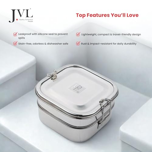 Image of JVL Stainless Steel 2 Tier Lunch Box, Food Grade Steel Tiffin for Kids & Adults, Leak Proof, Rust Resistant, Dishwasher Safe, Ideal for School, Office & Travel (Square, Small)