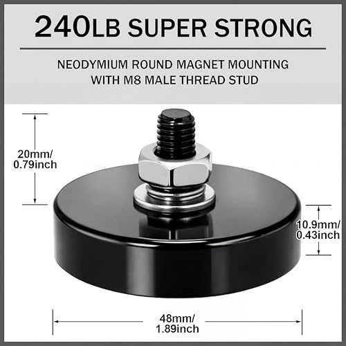 Image of Flutesan 4 Pieces Heavy Duty Round Mounting Magnet with Bolt 1.89in-240lb-m8 Black with Male Thread Stud Strong Earth Magnet Super Powerful for Lighting Camera Brackets License Plate