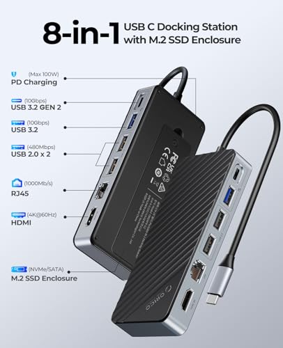 Image of ORICO USB-C Hub with M.2 SSD Enclosure, 8-in-1 USB C Docking Station Fits M.2 NVMe /SATA SSD, 10Gbps, 4K@60Hz HDMI, 100W PD, Ethernet - OM28PR