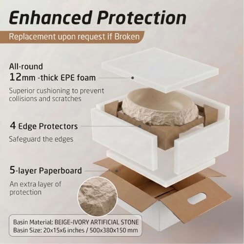 Image of BASSINO 20x15x6 Inches Artificial Stone Table Top Washbasin /Ivory-Beige Stone Texture Luxury Countertop Sink /Modern Rock Finish Wash Basin for Home-Hotel /Designer Oval Shape Basin for Bathroom(Matt)
