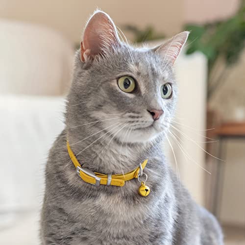 Image of CollarDirect Leather Cat Collar, Animal Collar with Elastic Safety Strap and Bell for Boy, Girl, Kitten (Neck Fit 6 inch-7 inch, Yellow)