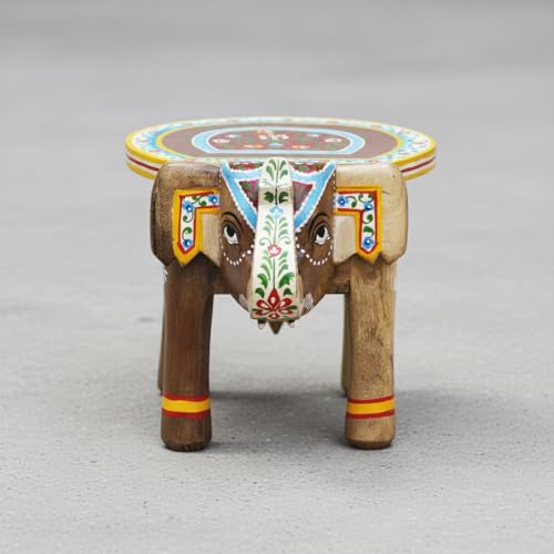 Image of Hand-Crafted and Colorful Emboss Painted Wooden Elephant Shape Stool Cum Gardan Table,Decorative Showpiece (8 Inches Height, Natural)