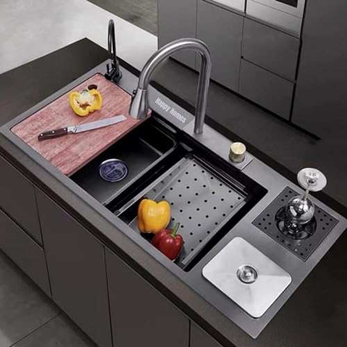 Image of HAPPY HOMES 304 Grade 37x18 Sink with ANTI SCRATCH HONEYCOMB DESIGN Integrated Waterfall and Pull Down Faucet with Water Purifier Tap, Dustbin Holder, Fruit Basket with Complete Accessories (Black)
