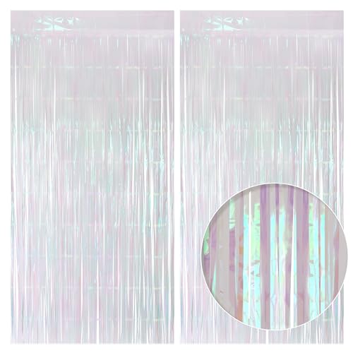2 Pack White Iridescent Streamers Backdrop, 3.3x6.6ft Foil Fringe Curtains Silver Holographic Door...