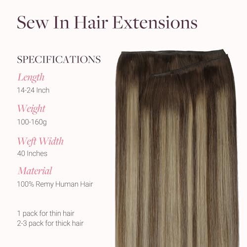 Image of GOO GOO Sew in Hair Extensions Real Human Hair, Weft Hair Extensions Human Hair, 4 /26 /4 Balayage Chocolate Brown to Honey Blonde 14inch 100g, Weft Bundles Straight Silky Remy Hair