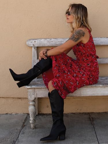 Image of Coutgo Womens Wide Calf Cowboy Boots Suede Knee High Chunky Heel Pointed Toe Western Cowgirl Boots