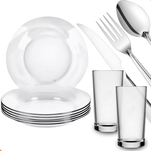 Kit Jantar 30 Peças – 6 Pratos Lisos, 6 Copos Vidro 225ml, 18 Talheres Aço Inox – Elegância, Qualidade e Sofisticação para Sua Mesa