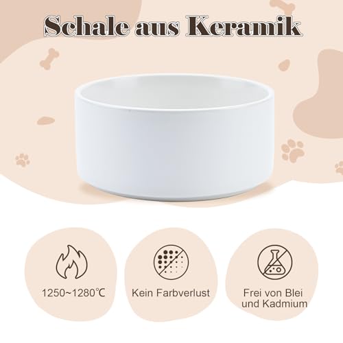 SPUNKYJUNKY Hundenapf Keramik Doppel Hund Futternapf Erhöhte Napf mit Akazienholz Ständer für Katzen und Hunde(850ml, Weiß)