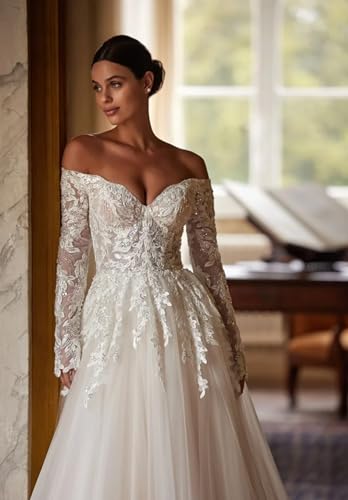 Off Shoulder Tulle Wedding Dress A-Line Lace Applique Bridal Dresses for Bride 2025 with Train3