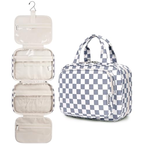 Image of Narwey Large Hanging Toiletry Bag Travel Makeup Bag Cosmetic Organizer for Women and Girls, Z-Grayish Blue Checkerboard, Medium