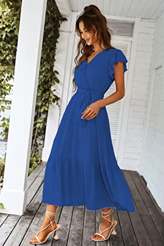Image of PRETTYGARDEN 2023 Women's Floral Summer Dress V Neck Short Sleeve Ruffle Hem A-Line Boho Maxi Dresses