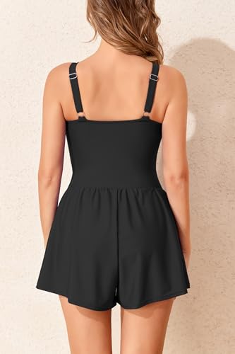 Smismivo Swim Romper for Women Tummy One Piece Bathing Suit Slimming Modest Full Coverage with Shorts Pocket V Neck Swim Suit3