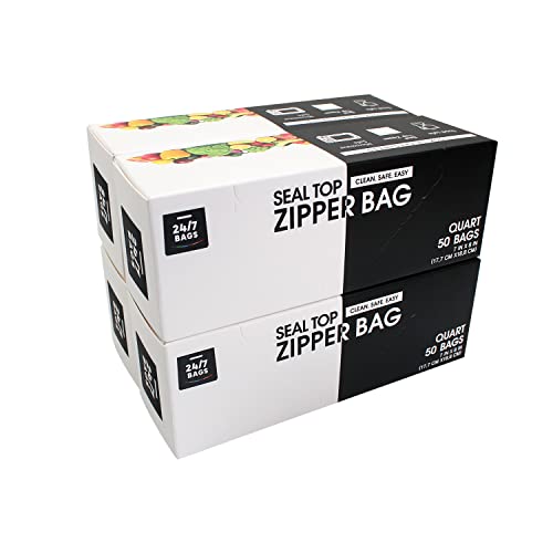 24/7 Bags - Double Zipper Storage Bags, Quart Size, 200 Count (4 Packs of 50)