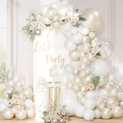 QIFU Kit Arche Mariage Ballons Blanc Nacrés, 113 Pcs Guirlande Anniversaire Ballons Ivoire Crème...