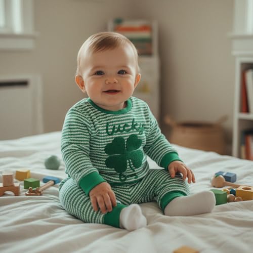 Image of Toddler Baby Boy St Patricks Day Outfit Infant Lucky Clover Sweatshirt Pants Set Little Kids Spring Warm Clothes