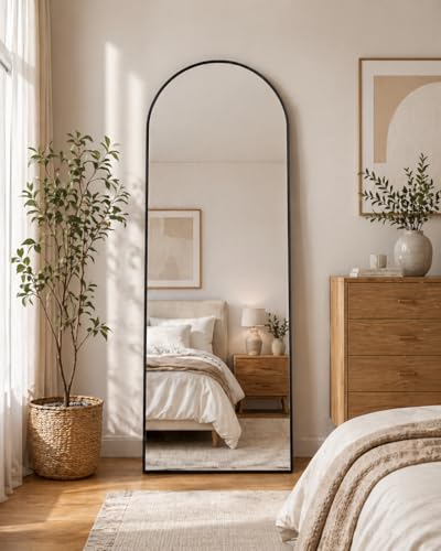 Image of Full Length Mirror, 58.5 inchx18 inch Arched Floor Mirror Freestanding, Floor Standing Full Body Mirror with Stand for Bedroom, Hanging Mounted for Living Room Cloakroom (Black, 58.5 inch L x 18 inch W)