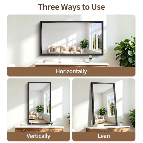 Image of Bathroom Mirror, 30 x 55 Inch Brushed Black Rectangle Mirror, 0.6 inch Thickened Deep Metal Frame Mirrors for Wall Over Sink, Shatterproof Tempered Glass, Antirust, Horizontally or Vertically