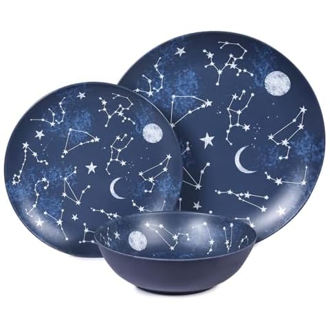 Gofunfun 12 Piece Melamine Dinnerware Sets for 4 - Starry Pattern Camping Dishes Set for Indoor and Outdoor Use, Dishwasher Safe Plates and Bowls Sets, Dark Blue Cover