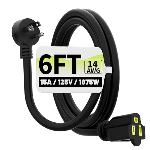 Vockjour 6 FT Black Low Profile Flat Plug 14 Gauge Heavy Duty Extension Cord 14AWG 3-Wire Grounded Appliance Extension Cord 15A/125V/1875W SJTW ETL Listed Power Cord