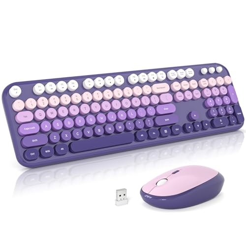 Image of Atelus Wireless Keyboard and Mouse, 2.4G USB Retro Full Size Typewriter Keyboard and Cute Mouse Combo for Windows 7 /8 /10, Laptop, Desktop, PC, Computer (Purple)