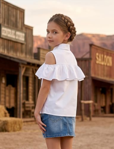 Image of Noomelfish Girls Ruffle Cold Shoulder Top Blouse Short Sleeve Button Down Shirts (4-12 Years)