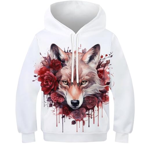 WWJLRLXTO Acuarela 3D Wolf Splash Impresión En 3D Niño Y Niña con Capucha Wolf Bolsillo Ligera Regalos para Niños Adolescentes 6-16 Años 10-12Y