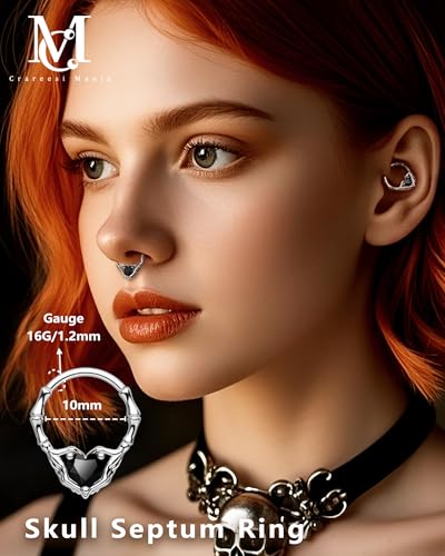 CM Crareesi Mania Skeleton Hand Septum Ring 316L Surgical Steel Septum Piercing Jewelry 16G Heart CZ Daith Earrings 10mm Gothic Helix Cartilage Piercing Jewelry for Halloween2
