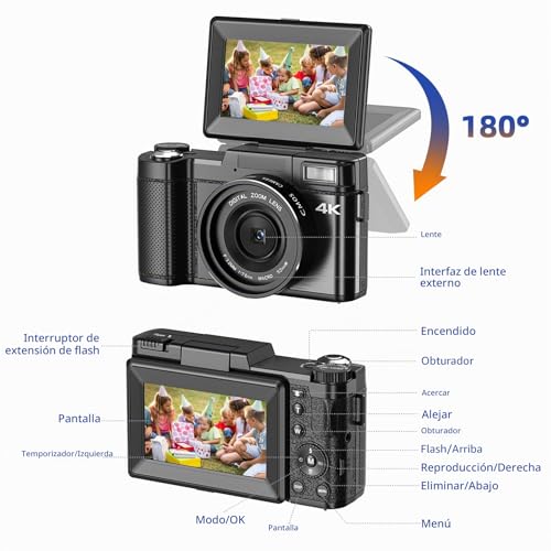 Miniatura 8 de Cámara Digital 4k, Ccn 48mp Cámara De Fotos Con 180 Flip 3.0 De Pantalla, 16x Zoom Cámara Compacta Con Trípode Y Micrófono, Con Lente Gran Angular Y Lente Macro, Mando A Distancia, 32gb Card, Negro