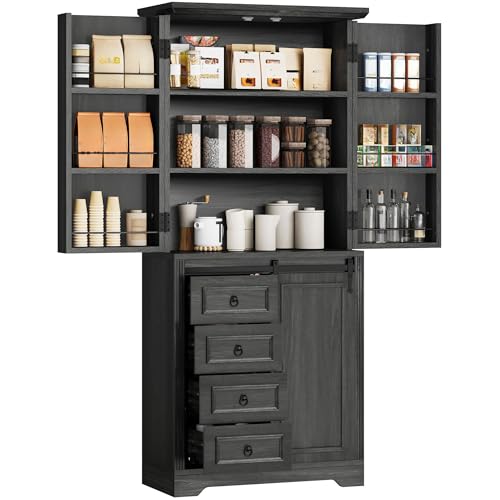 DWVO Kitchen Pantry Storage Cabinet with Barn Doors, Tall Storage Cabinet with 4 Drawers and Adjustable Shelf, Versatile Storage for Living Room, Dining Room or Hallway, Gray Oak