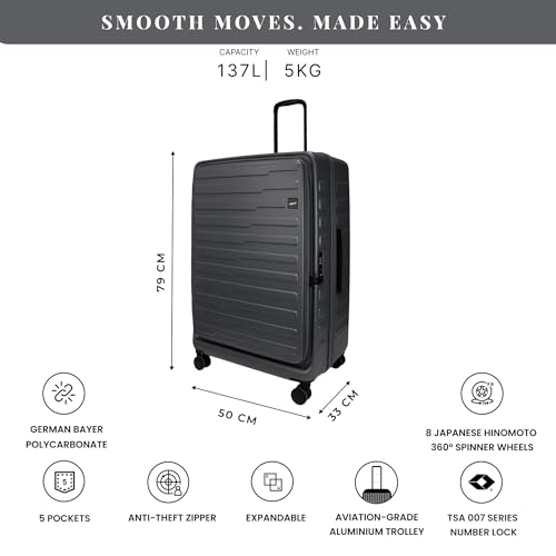Image of F Gear Sedona Large 79cm German Polycarbonate Hard Luggage|Japanese Hinomoto Silent Wheels |Expandable Check-in Suitcase Travel | Wet Pocket, TSA Lock, Anti-Theft Zipper|Taupe (Steel Grey)