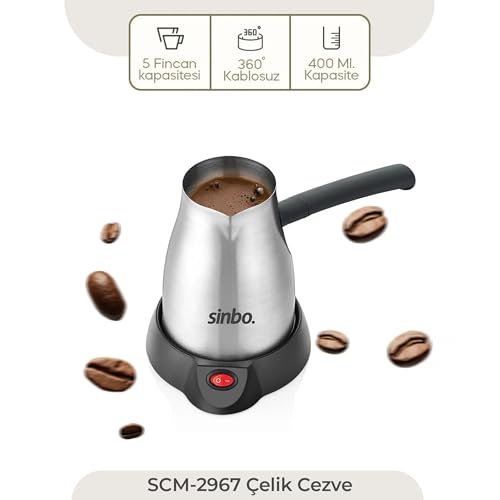 Sinbo STM-5845 ve SCM-2967 Çelik Set – 360° Dönebilen Kablosuz Çay Makinesi ve Türk Kahvesi Cezvesi, Şık Paslanmaz Çelik