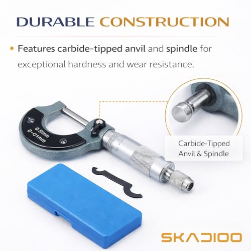 Image of SKADIOO Micrometer 0-25mm, 0.01mm Precision Measurement Tool - Outside Micrometer with Ratchet Stop, Carbide Anvil, High Accuracy Machinist Tool for Metalworking & Engineering