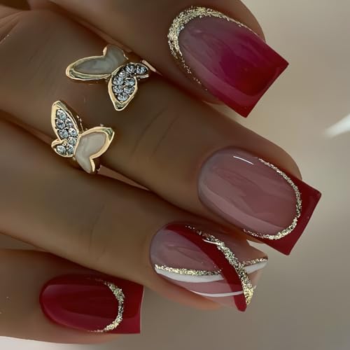 24Pcs Red French Press on Nails Medium Square With Gold