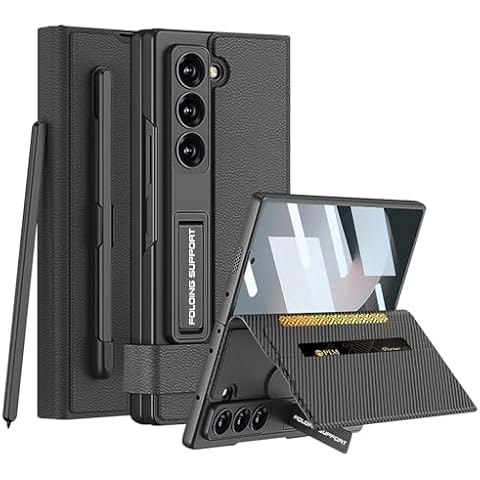 DEMCERT for Samsung Galaxy Z Fold 6 Case with Card Holder, Fold Leather All-Inclusive Cover with S-Pen Holder Screen Protector for Galaxy Z Fold 6 (Black) Cover