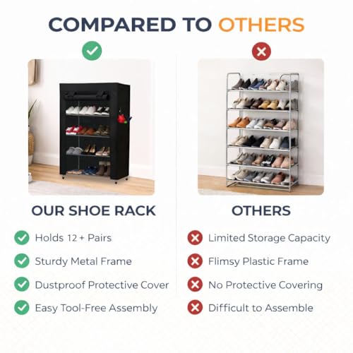 Image of 4 Tier Covered Shoe Rack for Home | Metal Shoe Storage Organizer with Dustproof Cover | Multi Layer Footwear Stand for Closet, Entryway, Bedroom & Office | Black