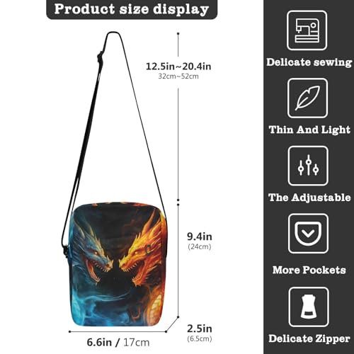 Crossbody Bag Fire Water Flame Dragon Messenger Bag for Women Men Purse Shoulder Bag Satchel Bag with Adjustable Strap 214A09293