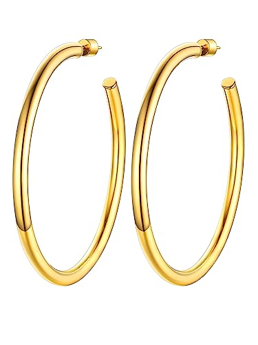 Image of Stainless Steel Chunky Hoop Earrings For Women, Minimalist and Chic, Black /Gold Plated, Round Hoops Earrings Hypoallergenic, Size: 30mm /40mm /60mm /80mm, Come with Box